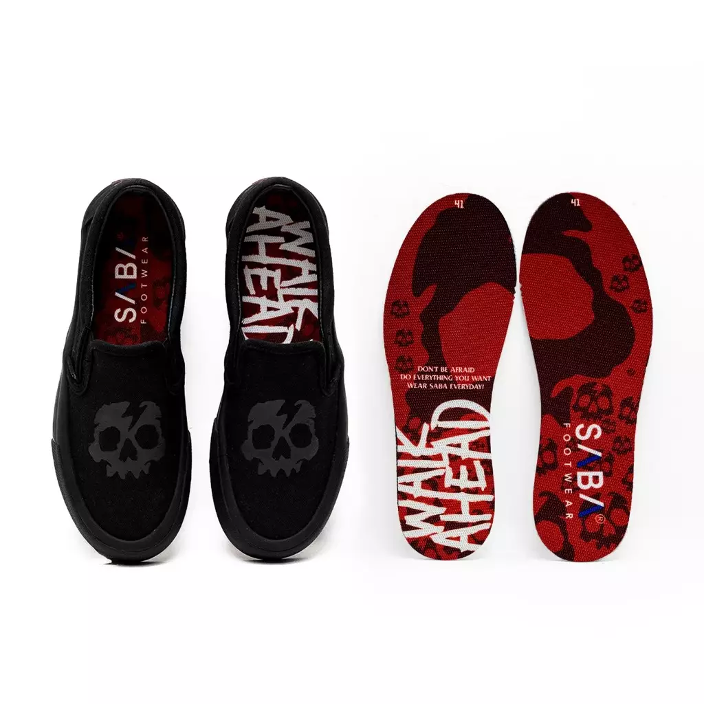 SABA Slip On Skull All Black - Sepatu Sneakers Casual Pria Wanita