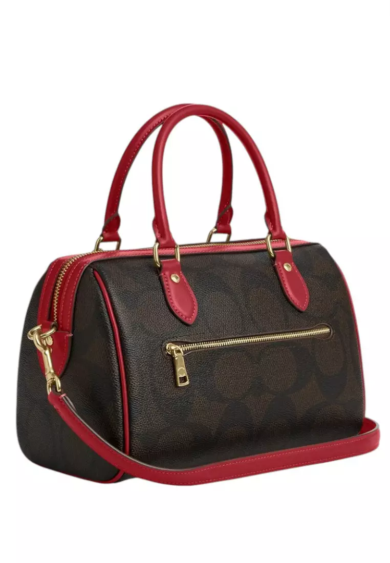 Rowan Satchel Bag In Signature Canvas - Walnut/True Red