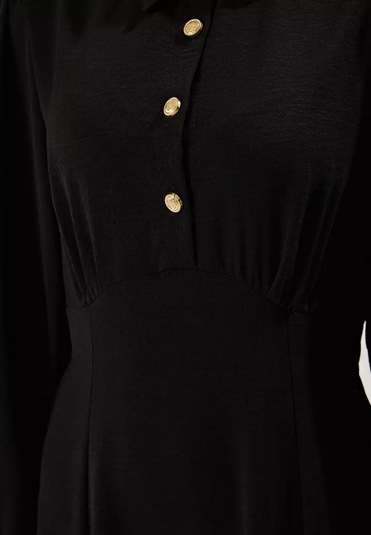 Black Shirt Collar Waist-Sit Woven Dress Tctss25Eb00057