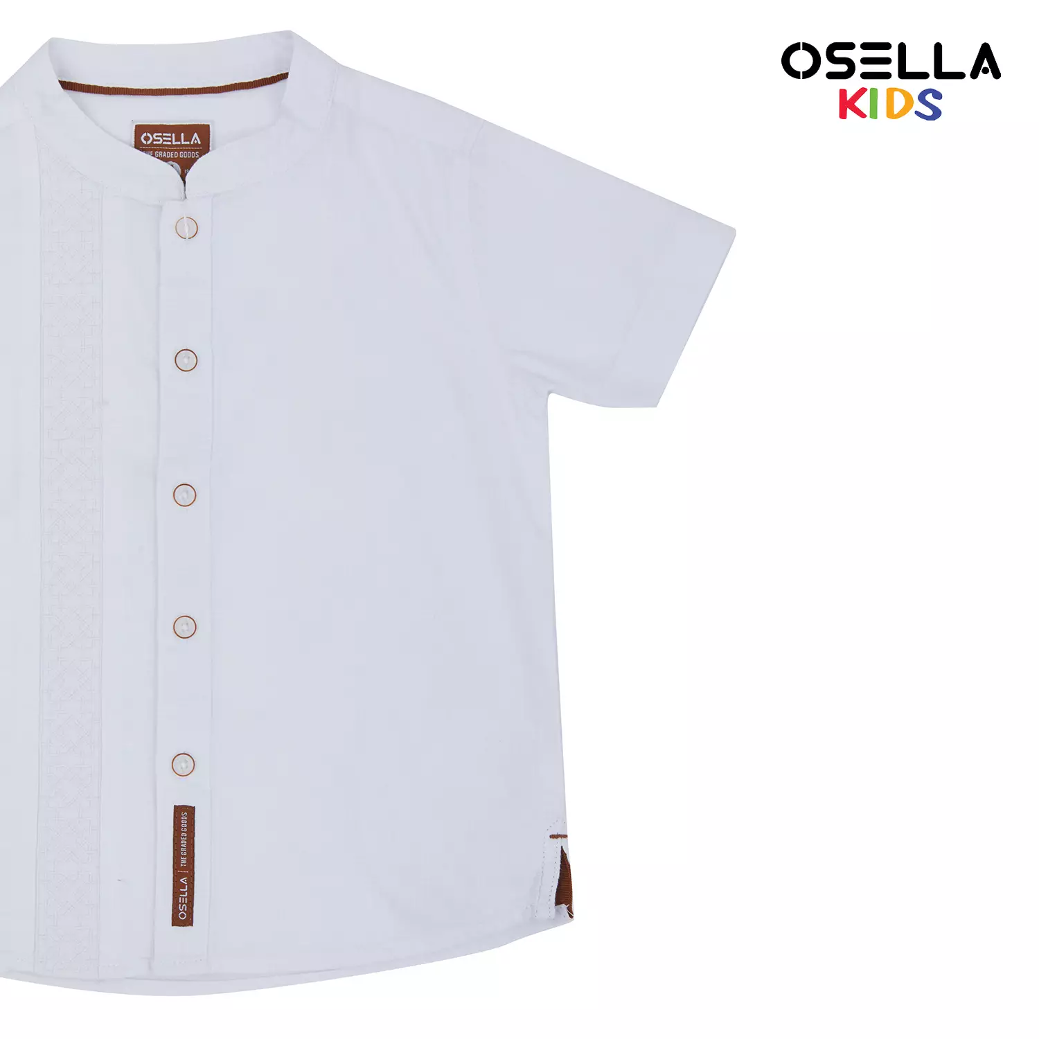 Osella Arka Embroidery Short Sleeve Shirt With Stand Collar In White 2232520801 | Atasan Kemeja Lengan Pendek Anak Laki Laki