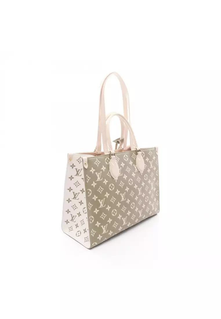 Pre-Loved Louis Vuitton On-the-go MM monogram Amplant Handbag tote bag leather Khaki green ivory 2WAY