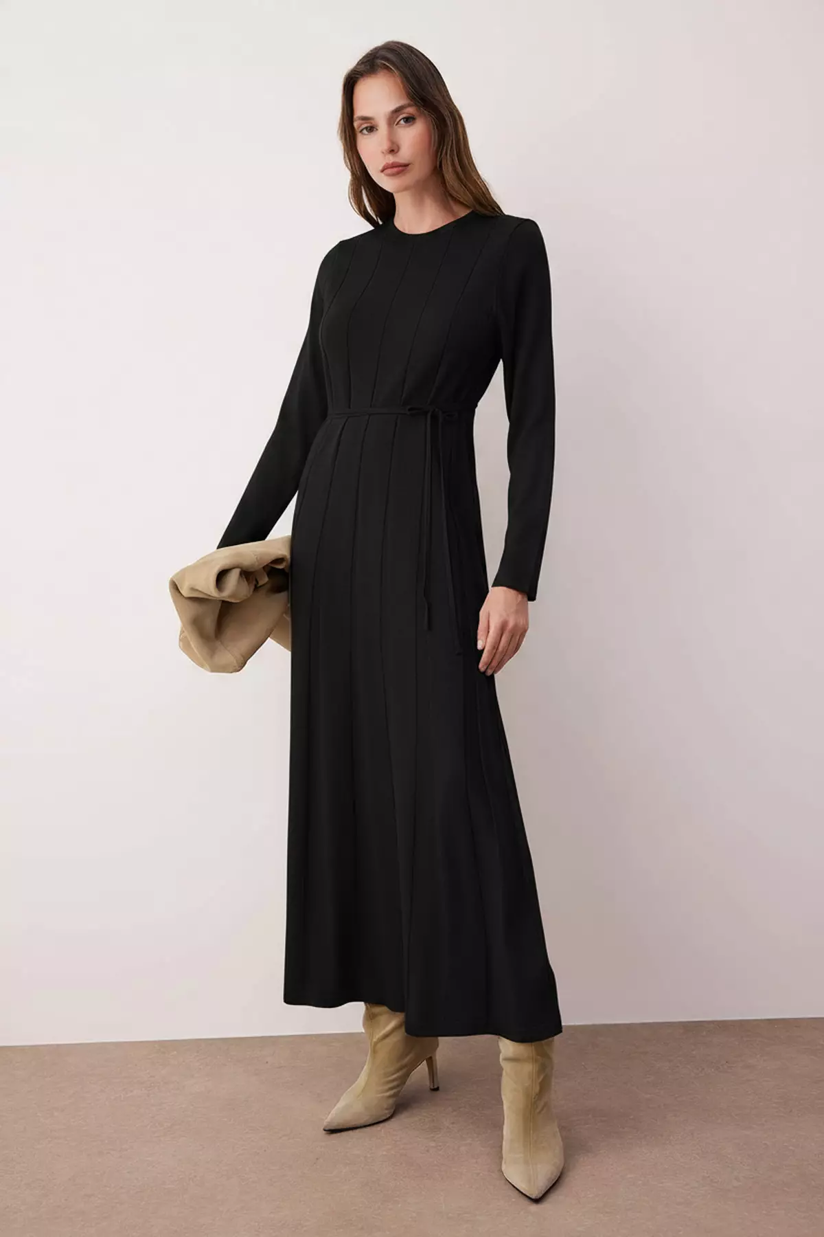 Black Unlined Plain Knitwear Rib/Camisole Hijab Dress Tctaw26Eb00010