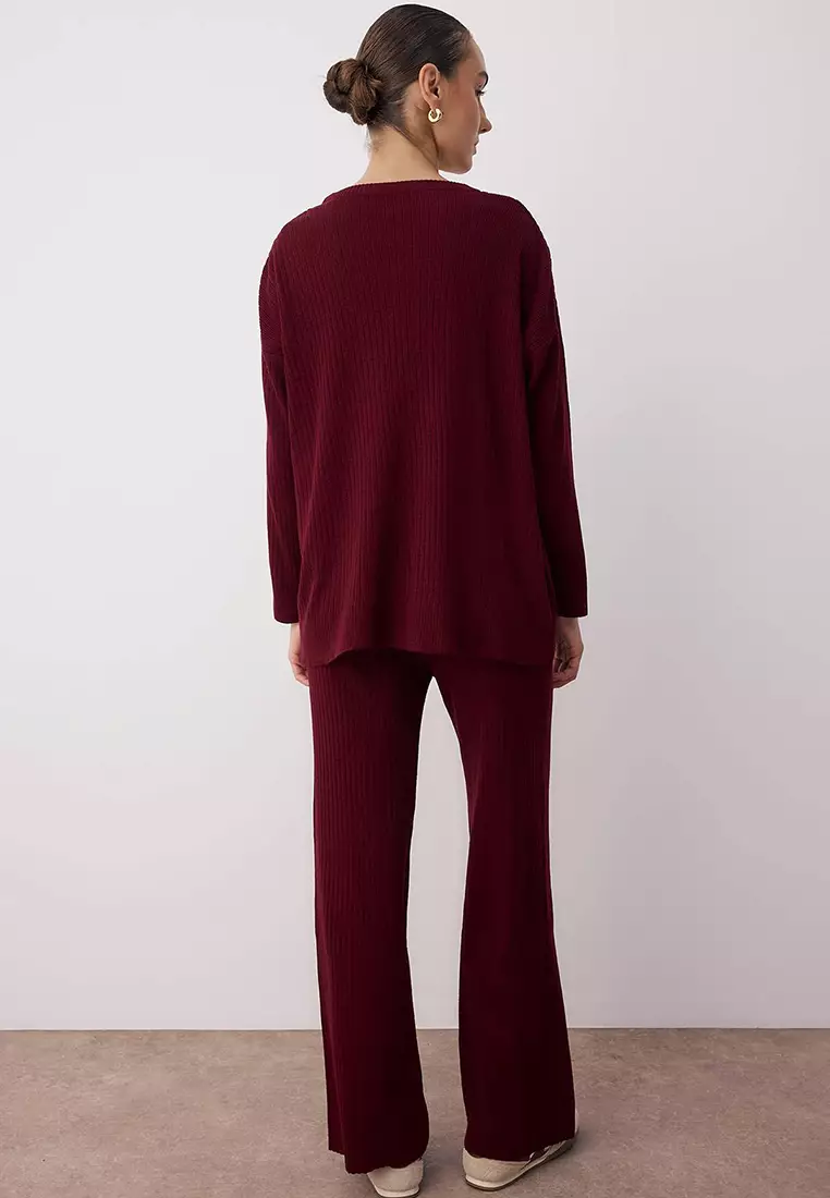 Claret Red Wide Pattern Basic Ribbed Knitwear Top-Bottom Set Twoss20Au0084
