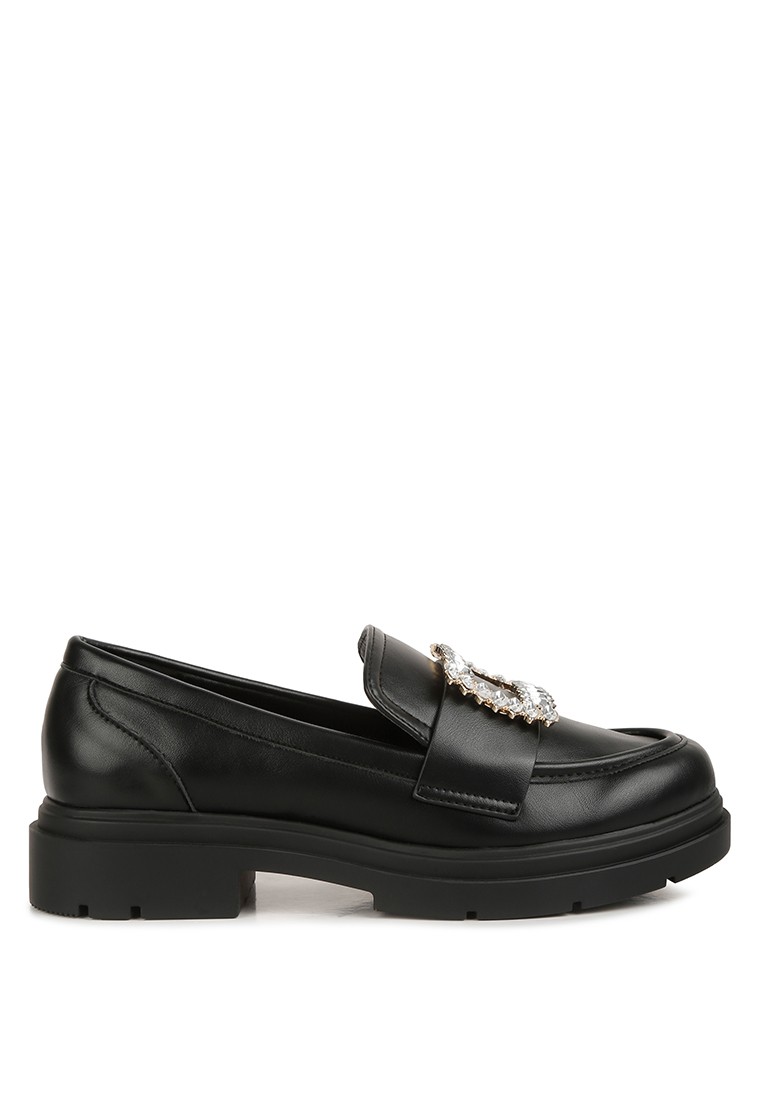 Black Faux Leather Loafers with Buckle Embellishment