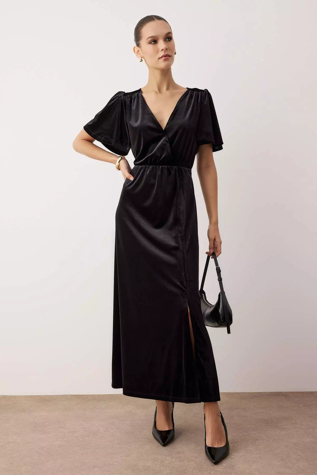 Black Velvet Double Breasted V-Neck Handkerchief Sleeve Plain Midi Knitted Dress Twoaw26El49