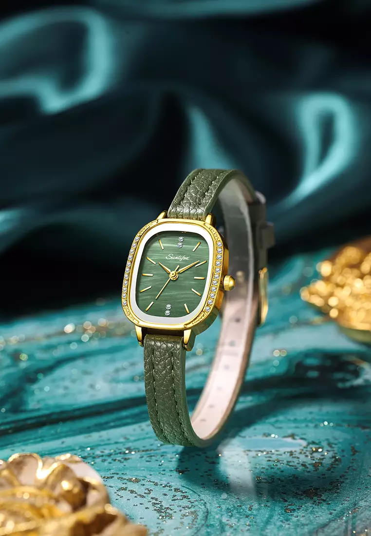 Jam Tangan Wanita Korea Elegan Berlian Vintage Dial Tali Kulit Anti Air Jam Tangan Cewek A002 green
