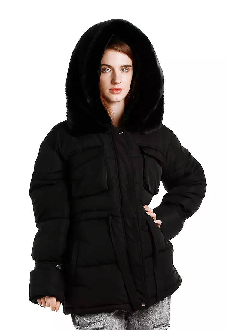 Black Long Puffer Jacket Hoodie