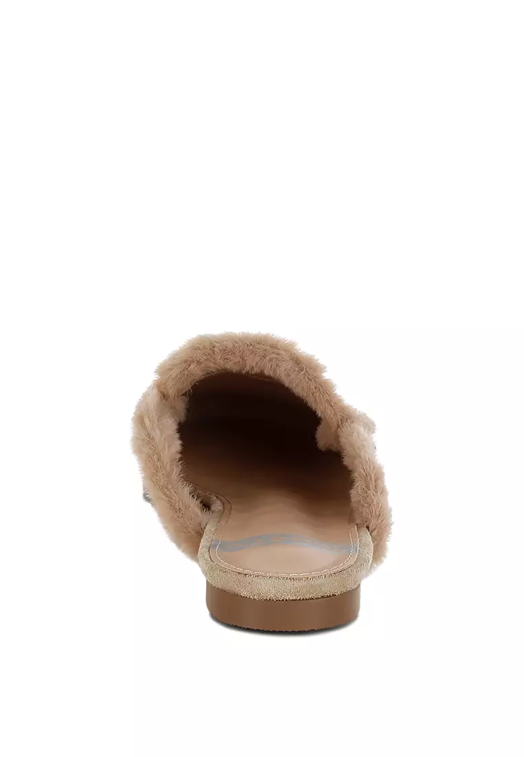 Suede & Faux Fur Slip-On Mules in Beige