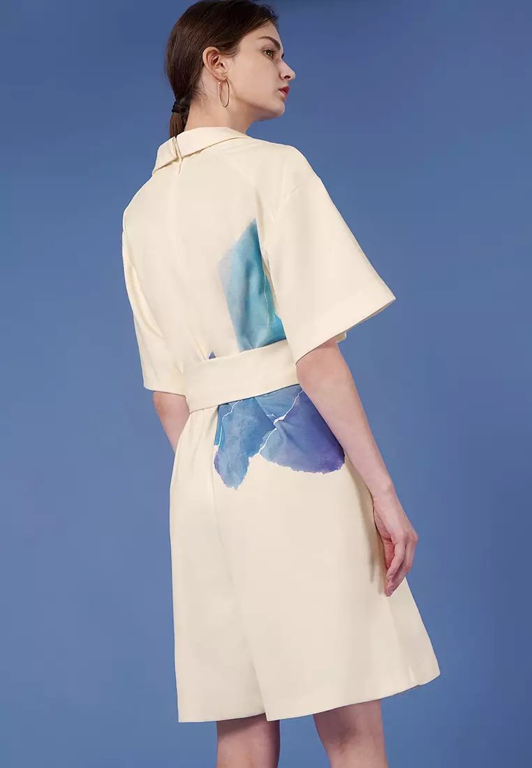 V-Collar Art Print Tied Waist Romper