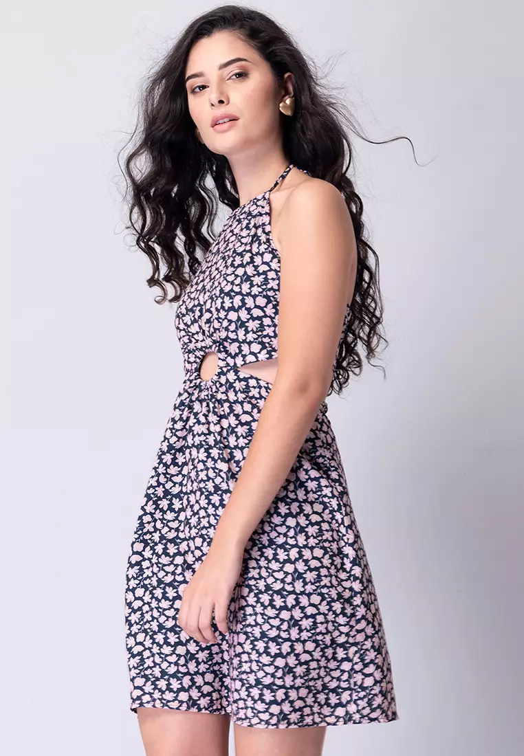 Navy Floral Halter Cut Out Mini Dress