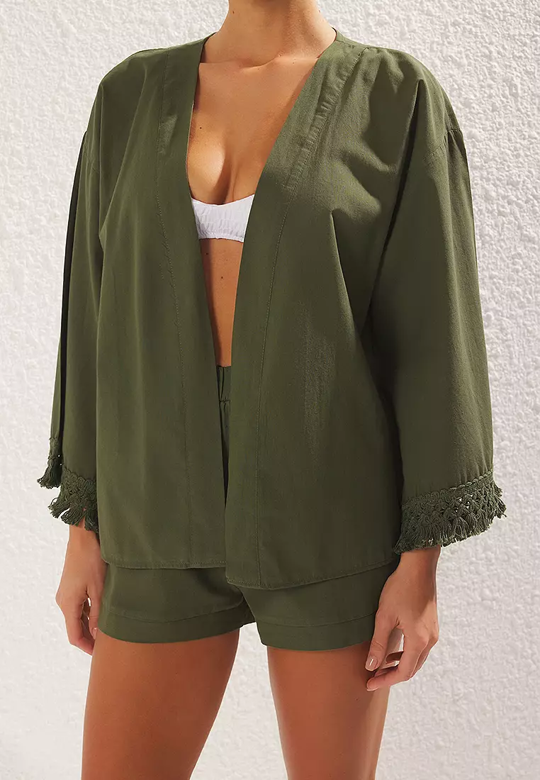 Khaki Weaving Tassel Kimono Shorts Beach Suit