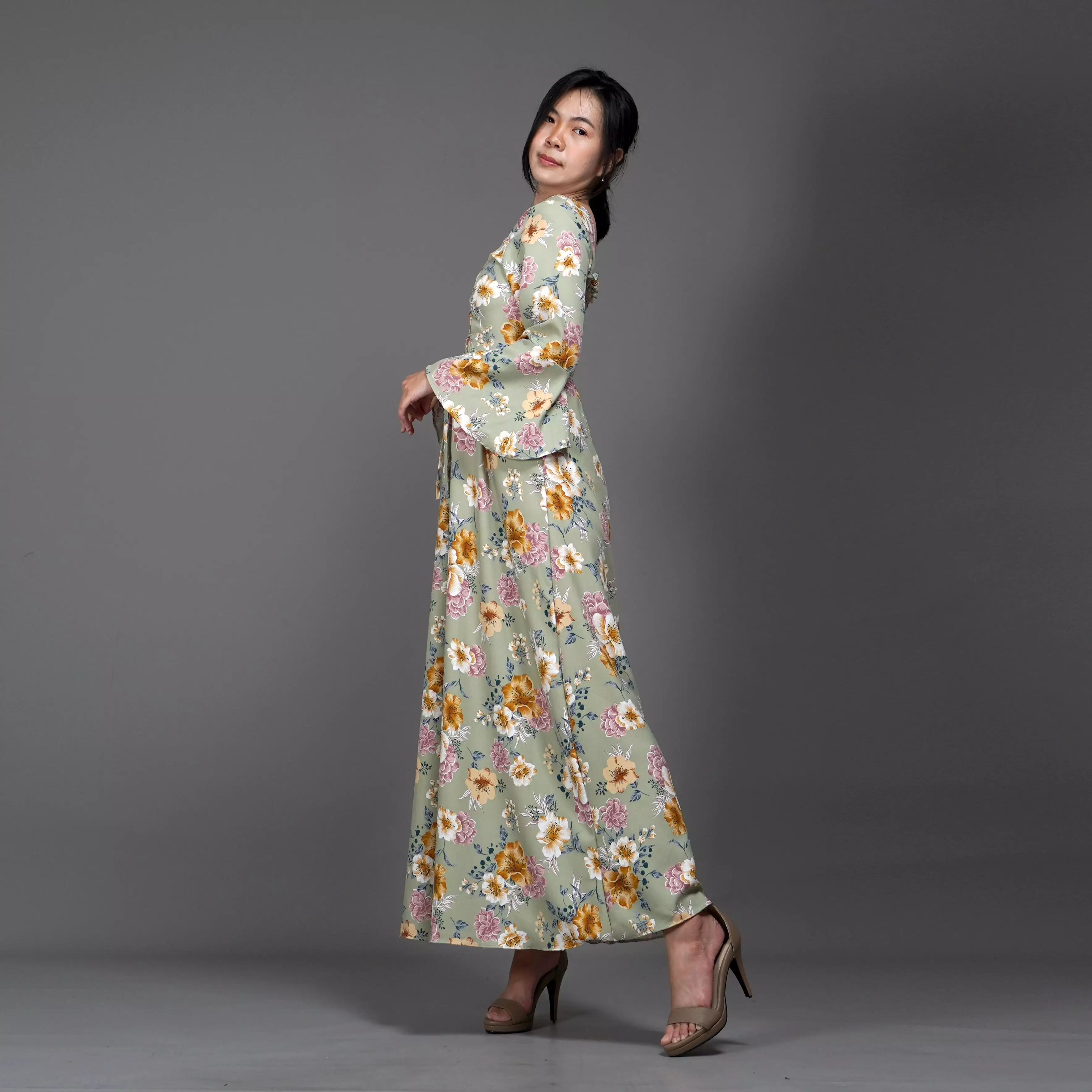 CLOVERIA Long Dress Motif Bunga Gaya Korea Dress Wanita Korean Style - Mint