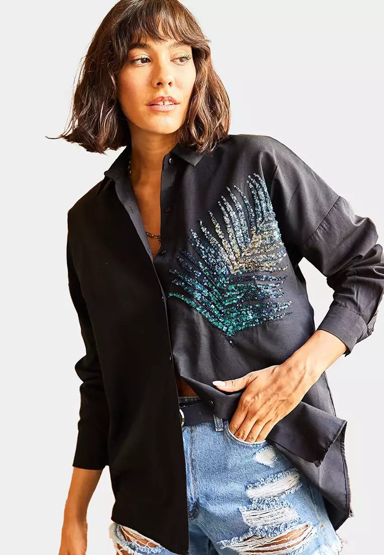 Sequin Oversized Poplin Shirt