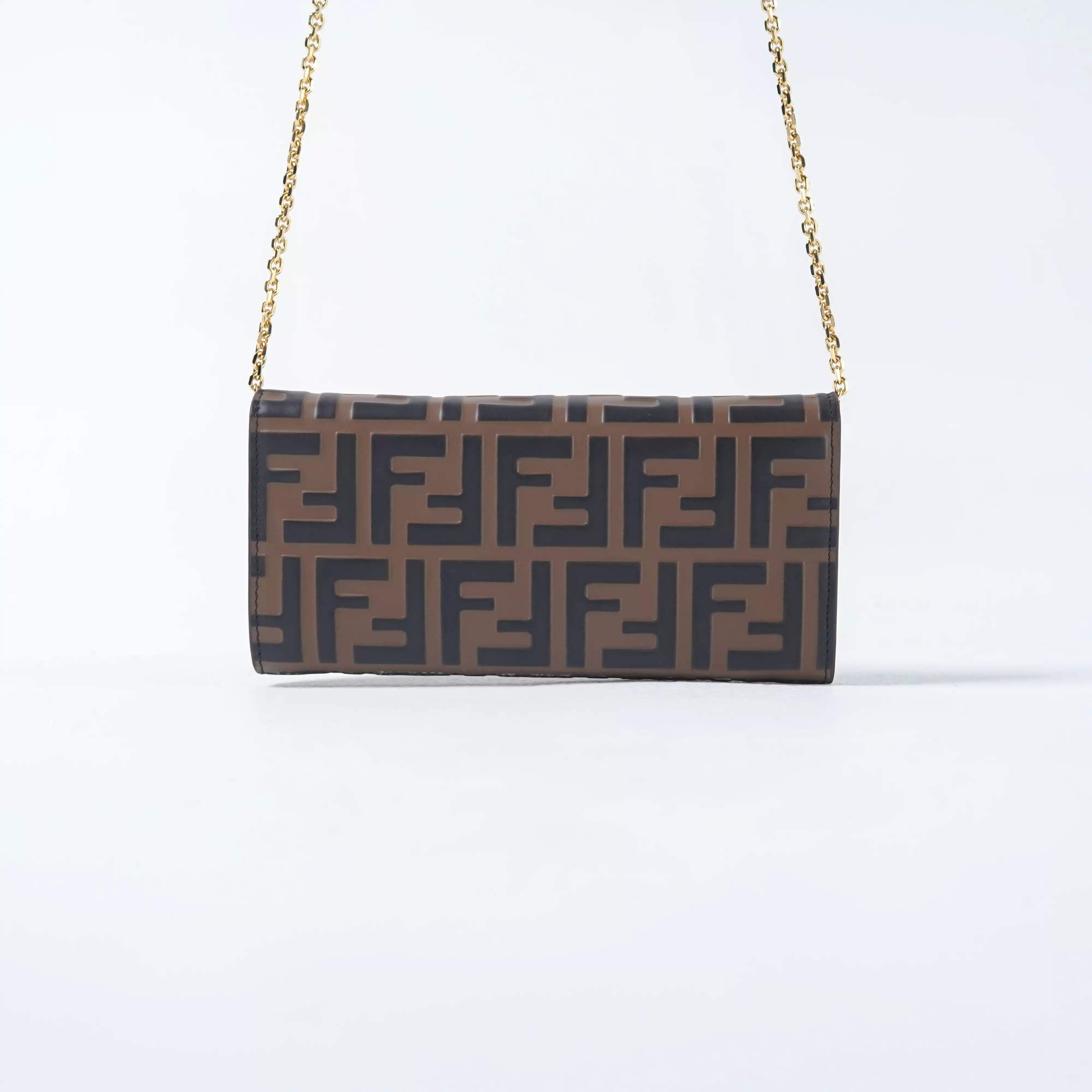Tas FENDI FF MONOGRAM BLACK BROWN FLAP WALLET ON CHAIN BAG 100% ORIGINAL