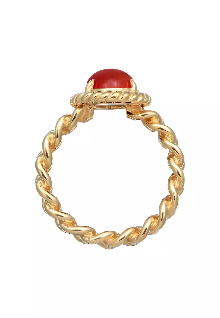 Cincin Perhiasan Perak 925 Wanita Solitaire Classic Chain Look Carnelian Gold Plated