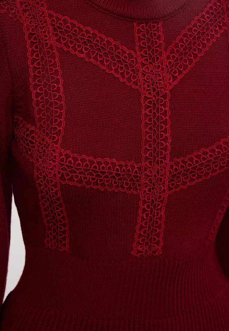 Claret Red Mini Knitwear Lace Dress Twoaw22El0011