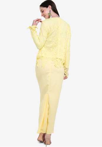 Buy Embellish Lace Top With Drape Skirt from Lubna in Yellow at Zalora