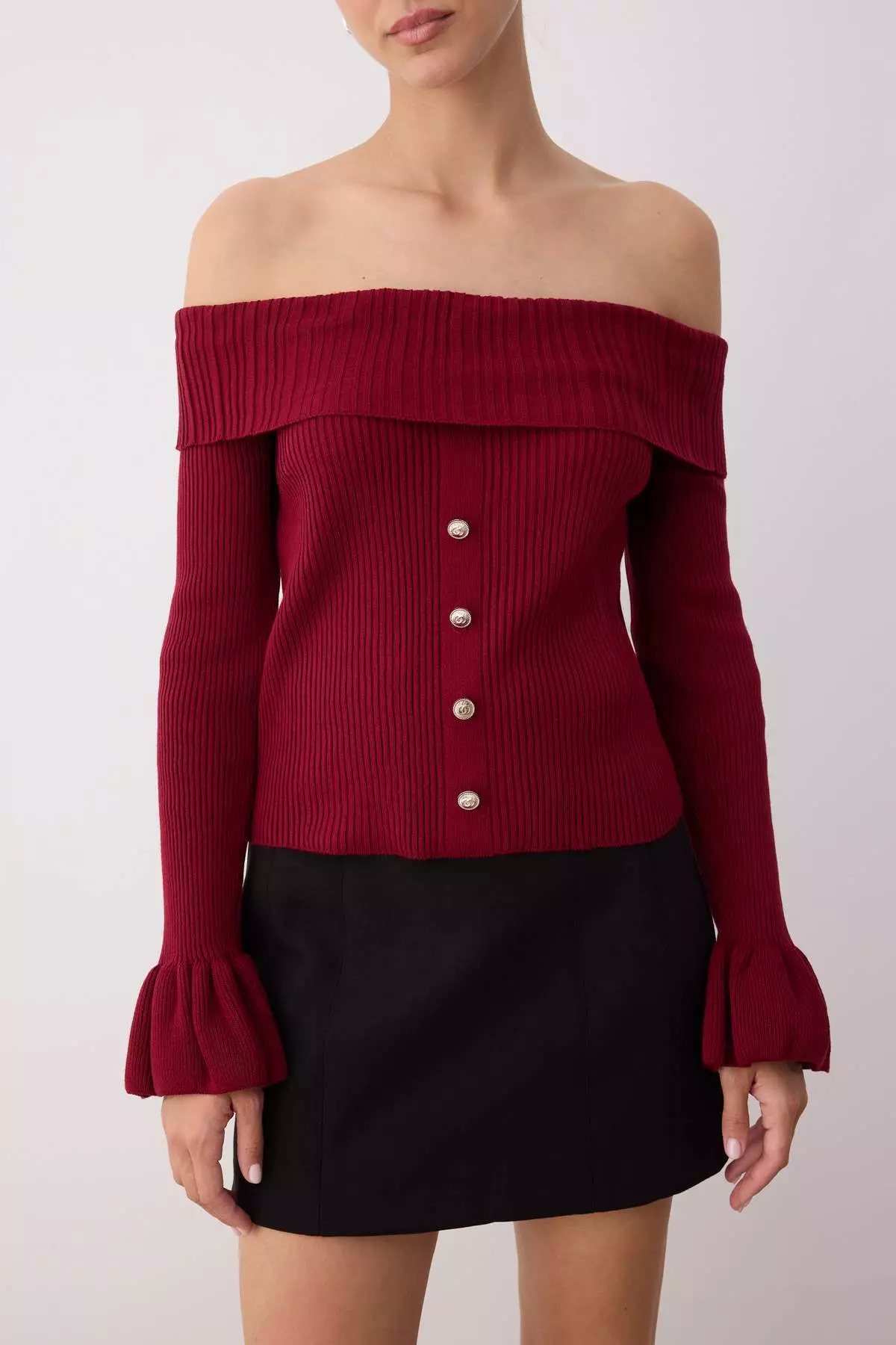 Burgundy Fitted Body Carmen Collar Ribbed Knitwear Sweater