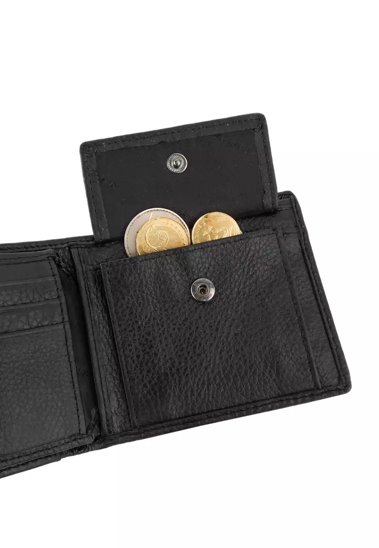 男士皮革 RFID 零錢雙折短夾 / 錢包 (Men's RFID Bi Fold Genuine Leather Center Flap Short Wallet With Coin Compartment)