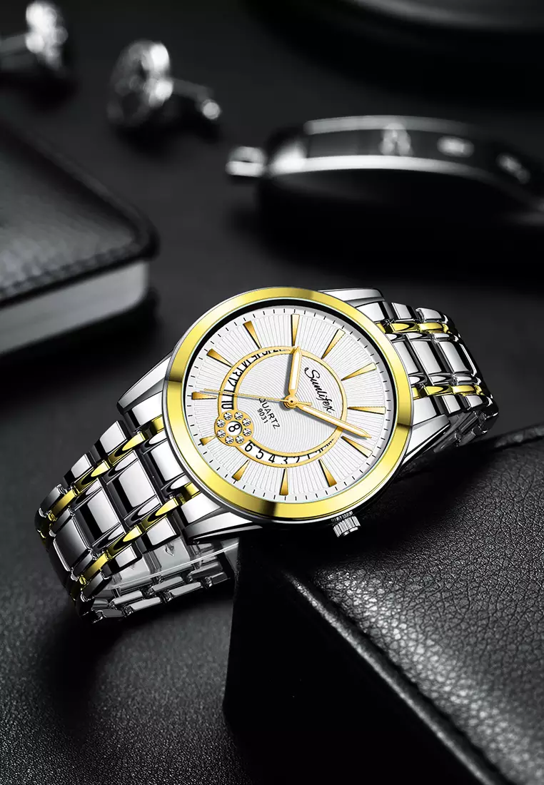 Jam Tangan Pria 9031 Original Luxury Stainless Steel Jam Tangan Cowok gold