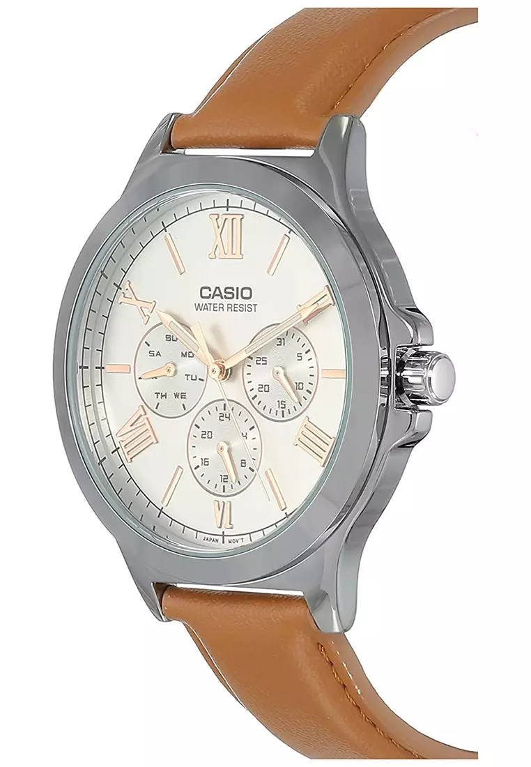 Casio - Jam Tangan Pria - Silver - Brown Leather Strap - MTP-V300L-7A2UDF