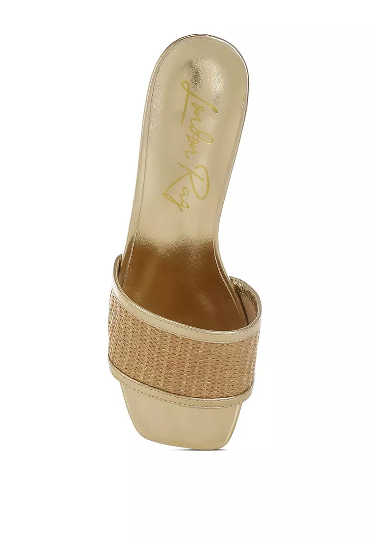 Raffia Slip On Sandals In Gold
