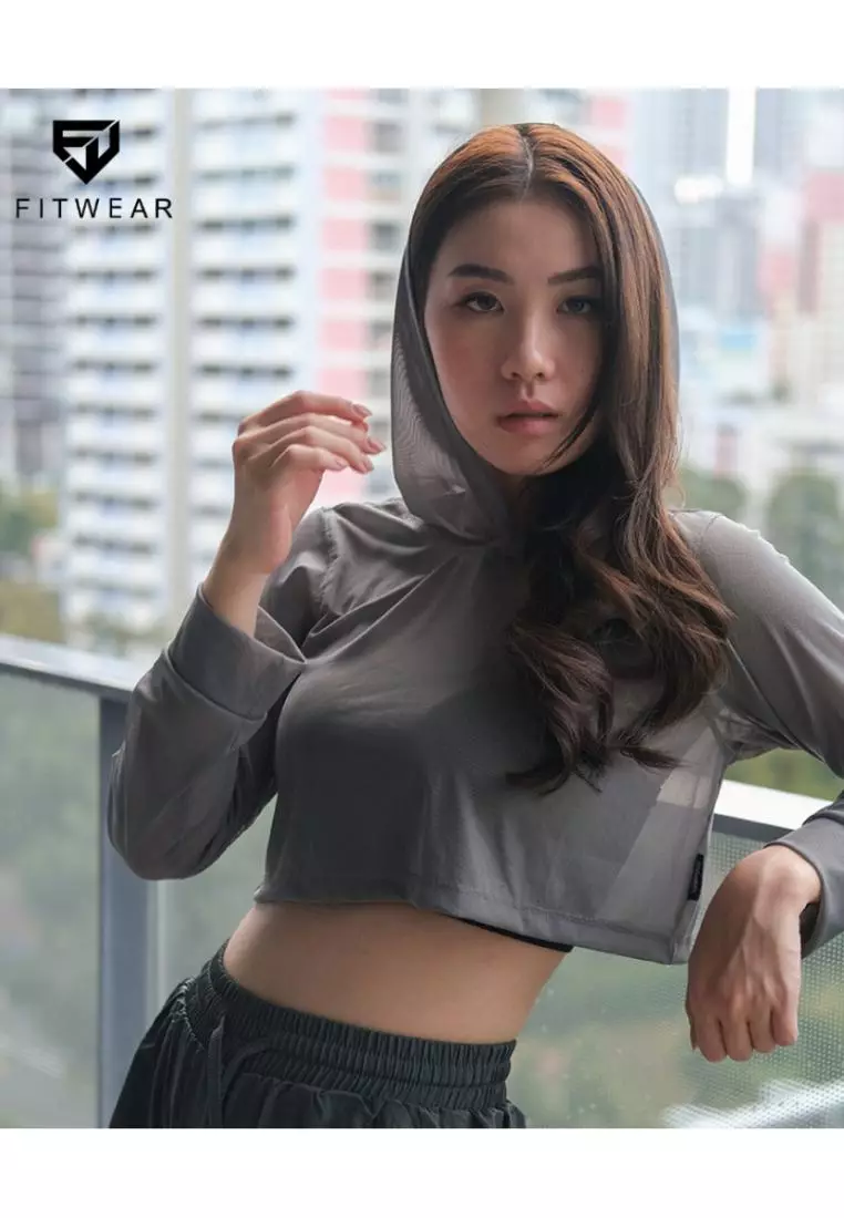 Fitwear - Croptop Jaring / Mesh / Sheer Olahraga BRENDA OUTER HOODIE LS CRP - DARK GREY