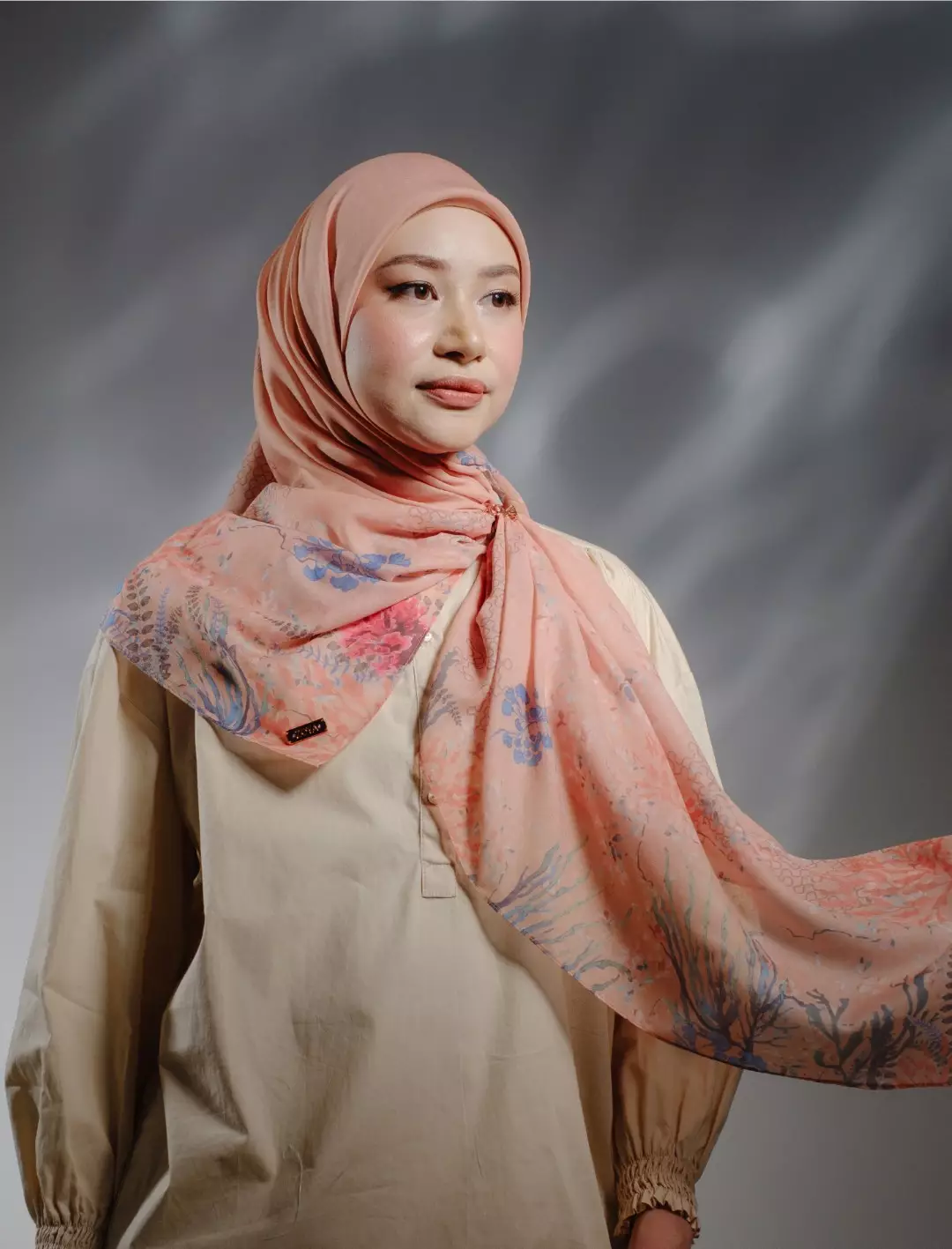 MARINA Scarf Light Orange - Kerudung Hijab Segiempat Motif With BOX - Bahan Voal Premium - Ukuran 115x115