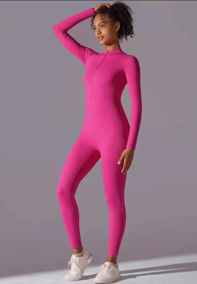 SculptaSuit Women’s Full-Length Sporty Jumpsuit – Stretchy Nylon Spandex Activewear No Bra Padding Yoga & Gym Bodysuit