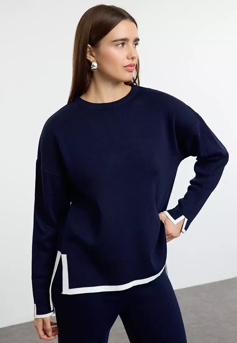 Navy Blue Wide Cut Contrast Color Knitwear Bottom-Top Set TWOAW24AU00062
