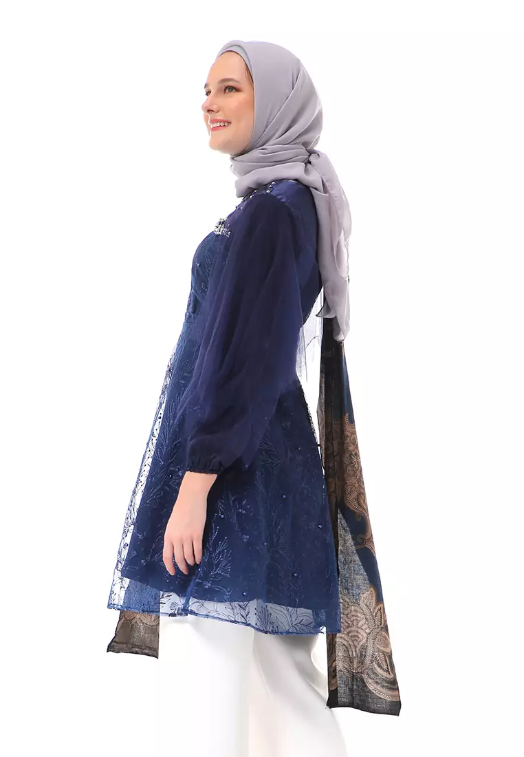 Aidah Tunik Long Sleeve Wanita Soft Comfortable Batik Premium High Quality - Navy