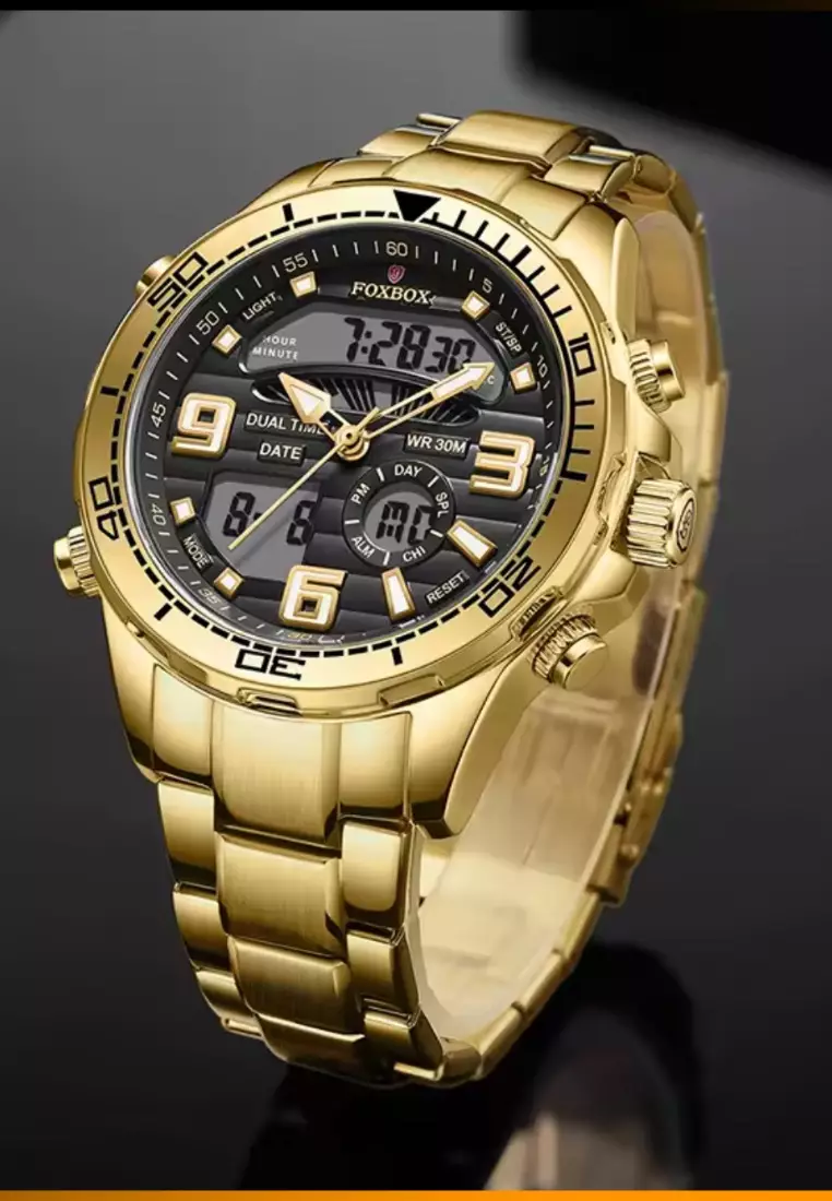 FOXBOX Unisex Stainless Steel Diver's Analogue/Digital Quartz Watch, Black Dial, Stainless Steel Bracelet, 30m Water Resistant