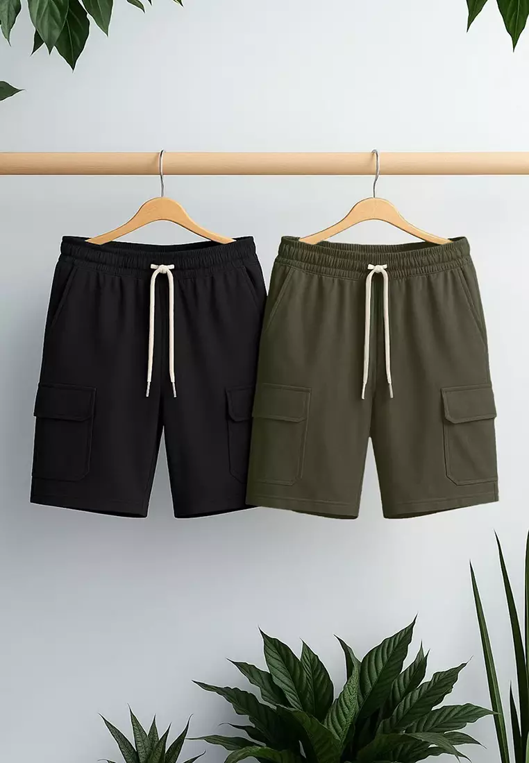 Basic Black-Khaki 2 Pack Regular Cut Cargo Pocket Drawstring Elastic Waist Shorts TMNSS24SR00041