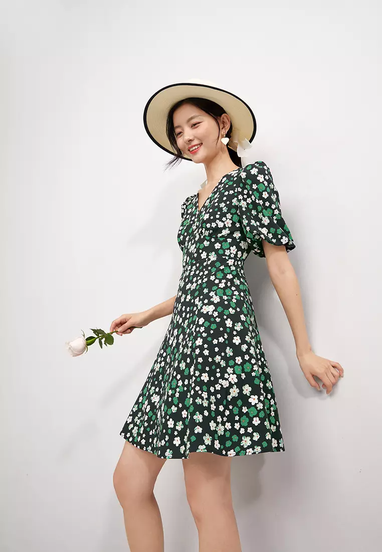 V-Neck Short Sleeve Floral Mini Dress