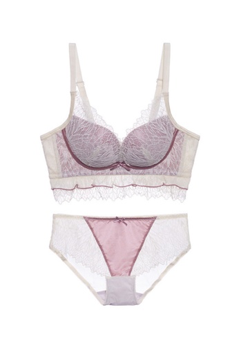 ZITIQUE pink Women's Four Seasons Non-wired Push Up Deep V Lace Lingerie Set (Bra and Underwear) - Pink E566EUS79910A2GS_1