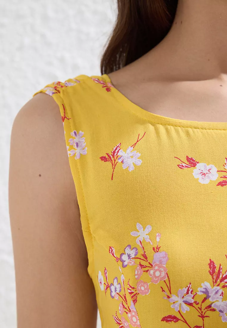 Yellow Floral Cut Out / Flounce Midi Woven Dress TWOSS21EL0709