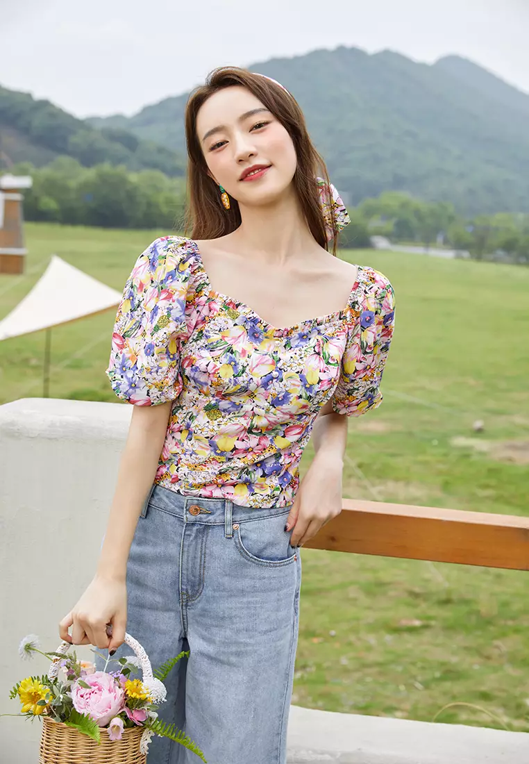 Puff Sleeve Square Neck Floral Crop Top