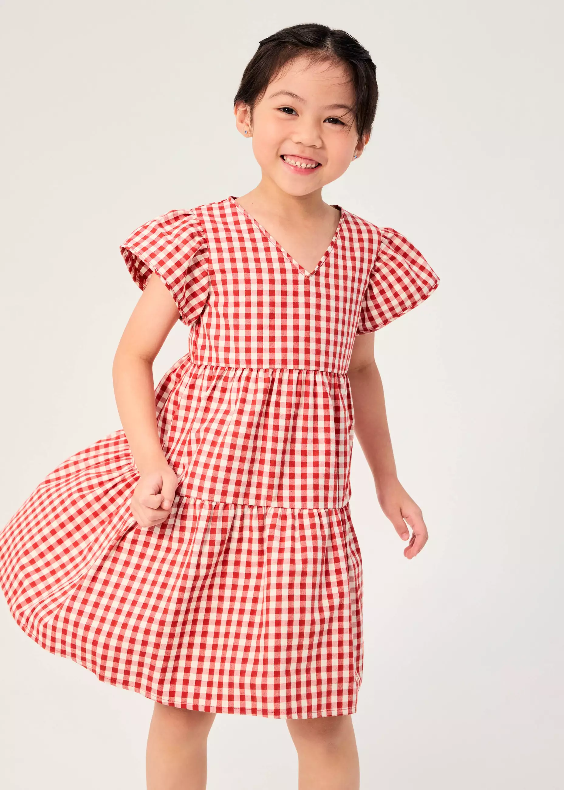 Dress Anak - Girls' Tiered Gingham Cotton Cap Sleeve Trapeze Dress