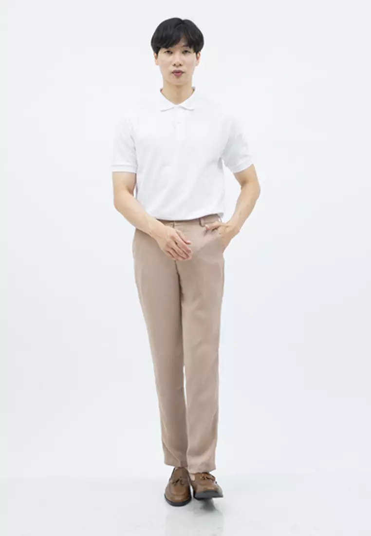 Celana panjang pria kerja formal bahan slim fit PINGGANG KARET krim