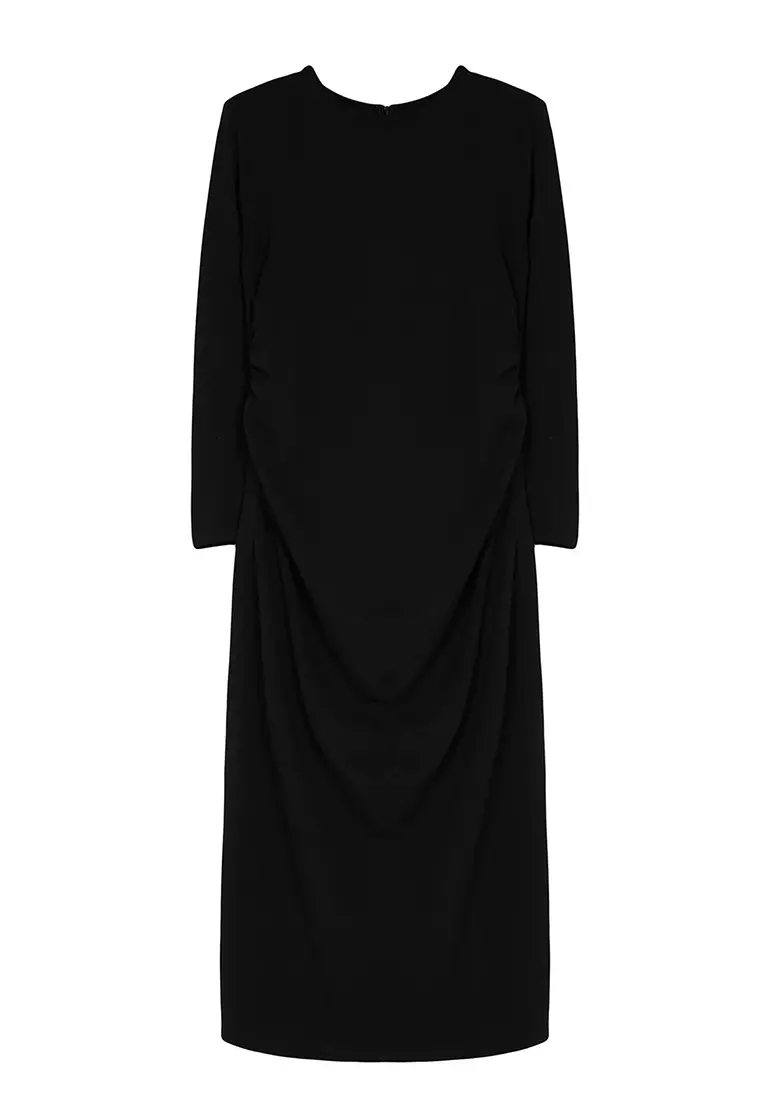 Plus Size Black Shift Dress - Gather Detailed