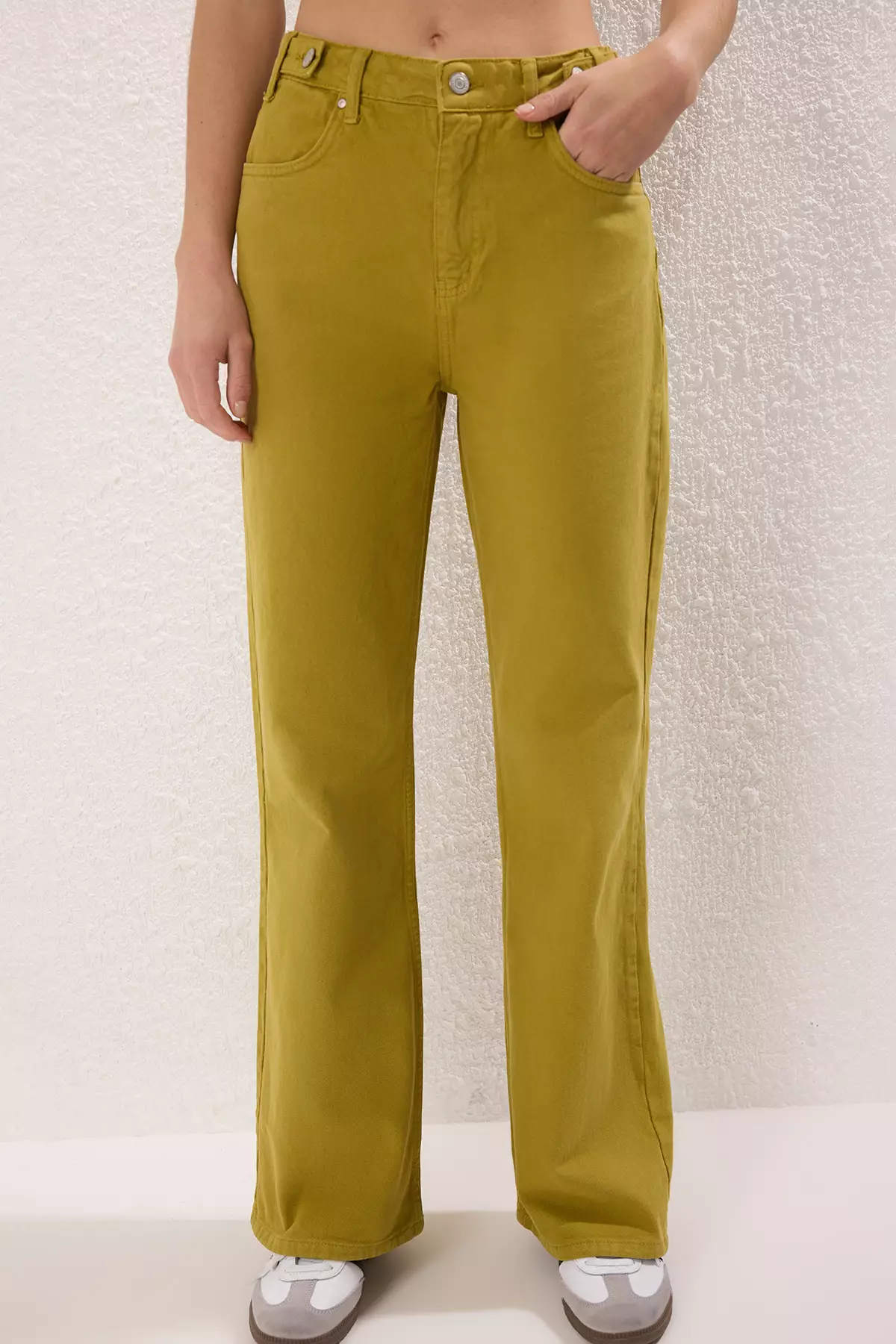 Oil Green Waist Detail High Waist Wide Leg Trousers TWOAW25JE00039