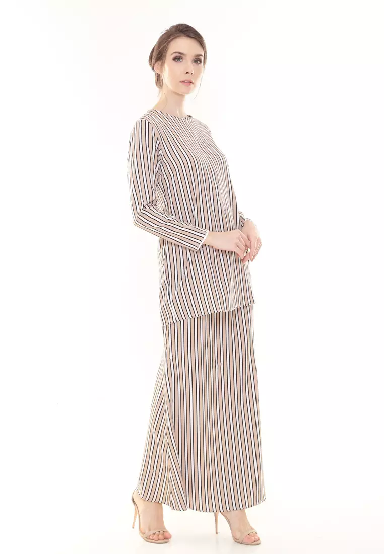 Rina Stripe Printed Kurung Brown White
