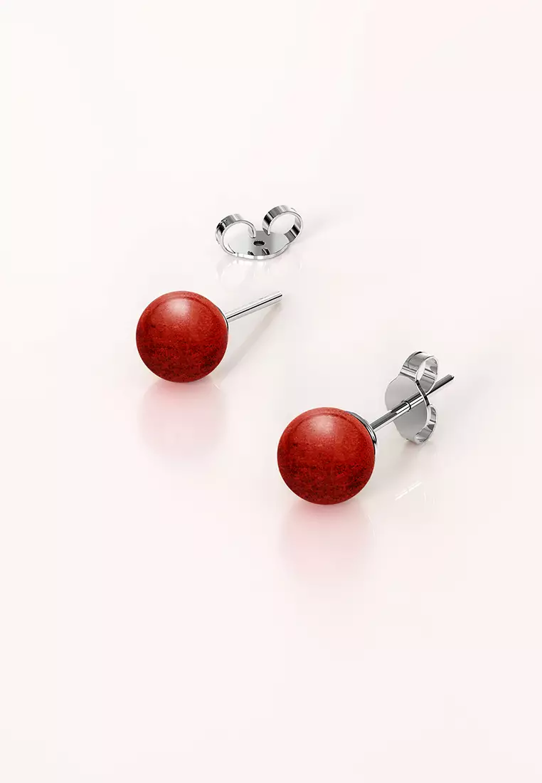 Solid 925 Sterling Silver Sphere Red Coral Stud Earrings