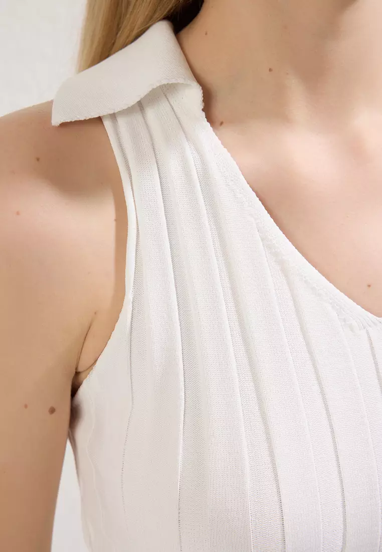 Bone Crop Polo Neck Ribbed Knitwear Slim Blouse