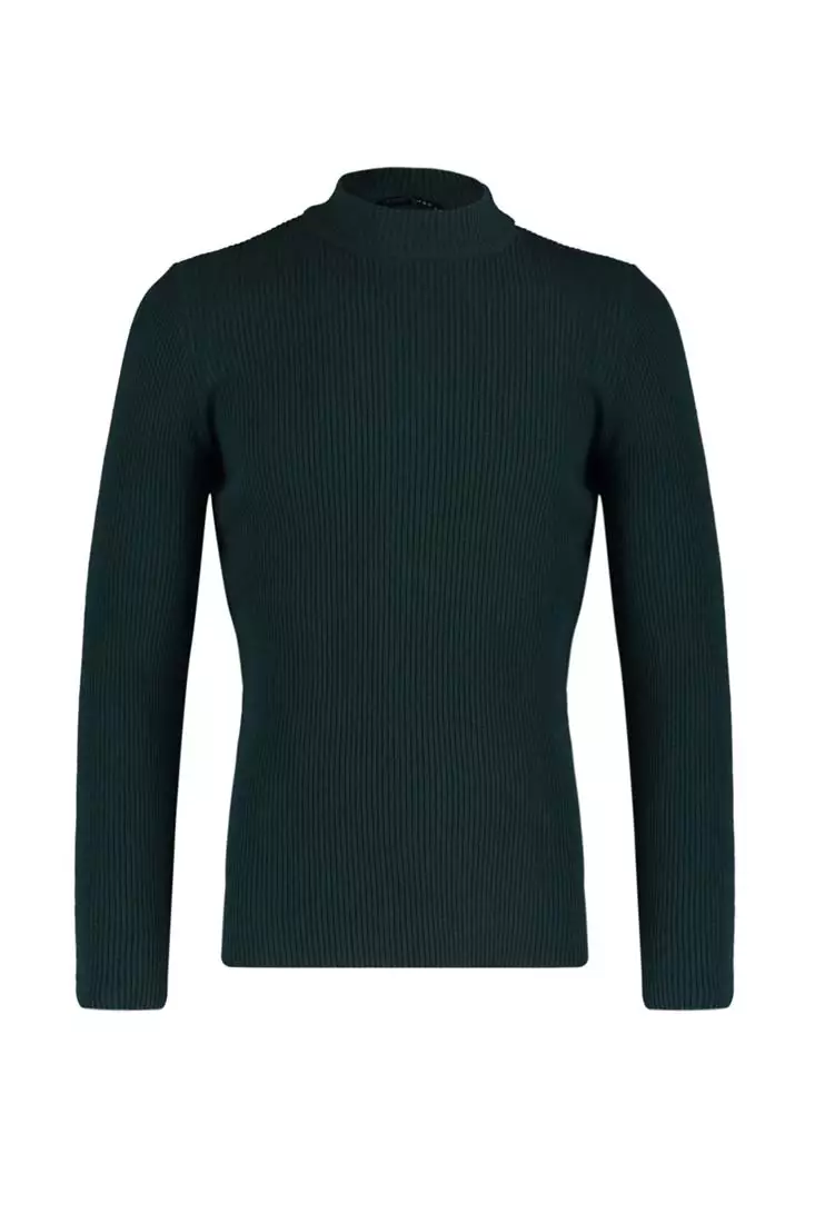 Slim Fit Buttoned Polo Neck Corduroy Knitted Sweater