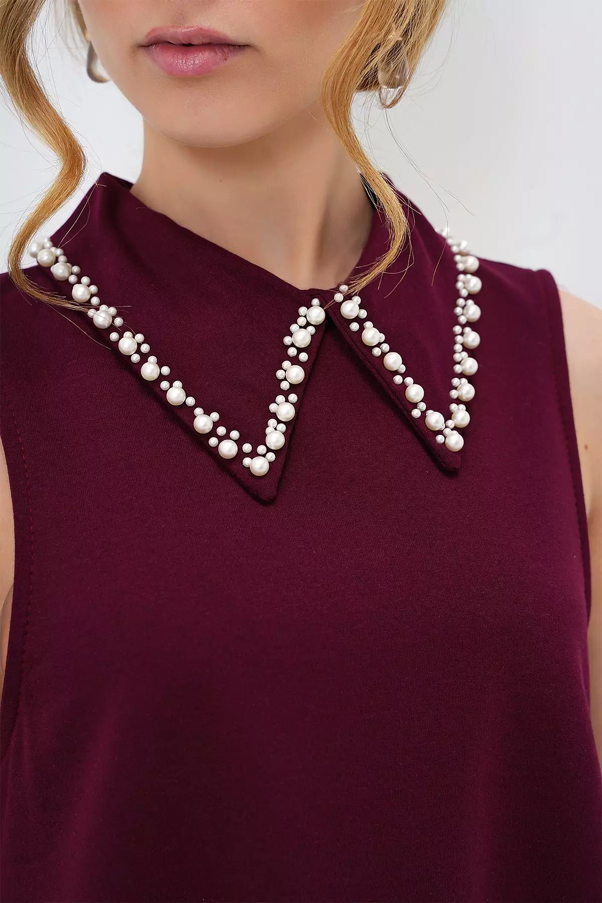 Women's Plum Faux Pearl Collar Sleeveless Basic Dress