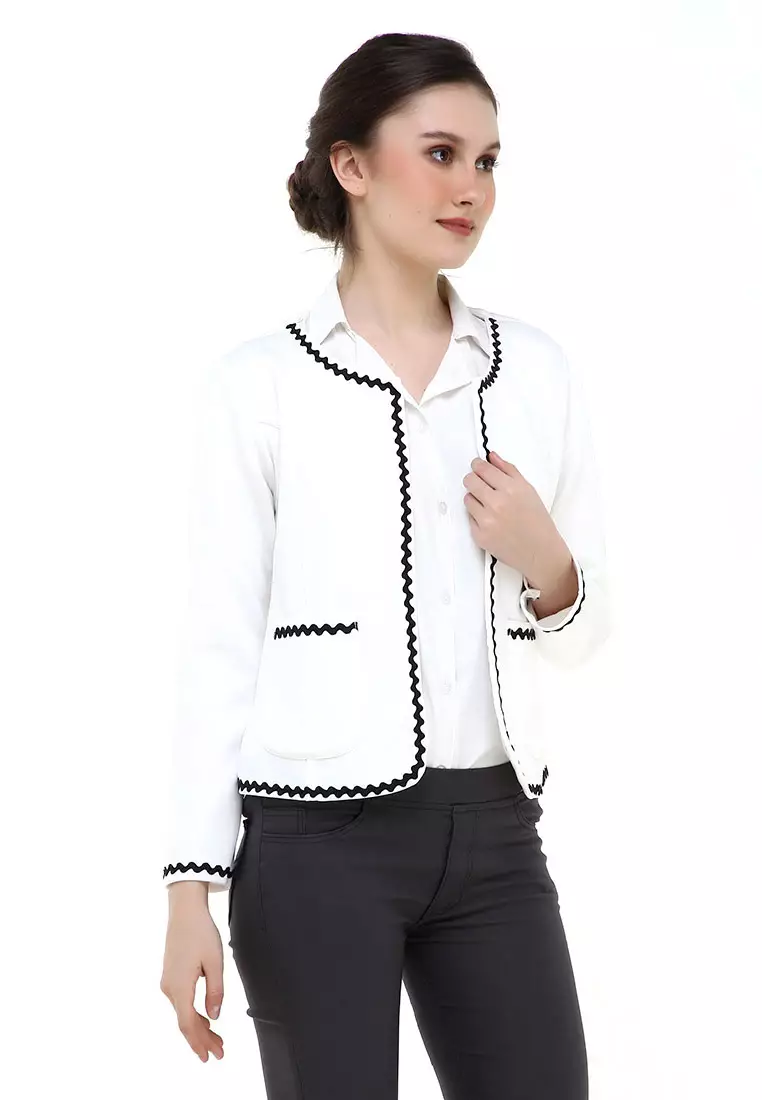 Qemsya Jas Blazer Wanita Lace Motives Formal Longsleeve Suit Material Scuba ORIGINAL - White