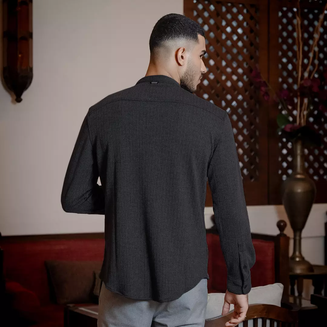 OXCON Kemeja Tangan Panjang Koko Knit Malik Collarless Shirt Charcoal