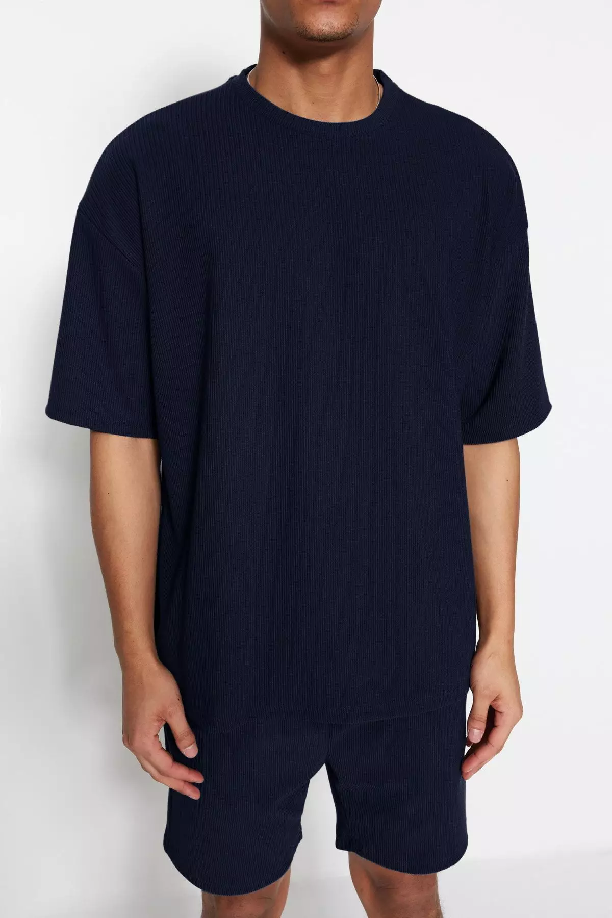 Navy Blue Premium Oversize Crew Neck Short Sleeve Textured Wrinkle-Free Ottoman T-Shirt TMNSS23TS00081