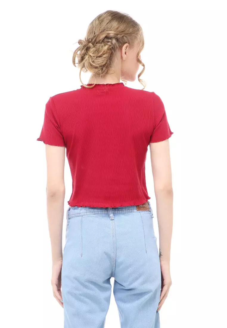 Genevie T-Shirt Kaos Crop Atasan Kasual Wanita Lengan Pendek Garis Timbul Material Cotton ORIGINAL - Maroon